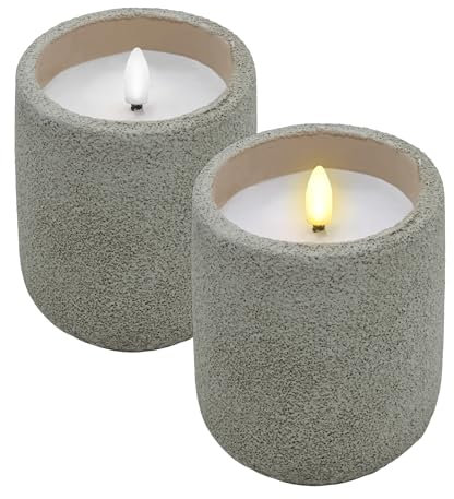 Spetebo LED Kerze im Keramik Becher mit Beton Optik 10 x 9 cm - 2er Set - Dekokerze Batterie betrieben mit Timer Funktion - Deko Stimmungslicht künstliche Flamme mit Flacker Effekt für Innen