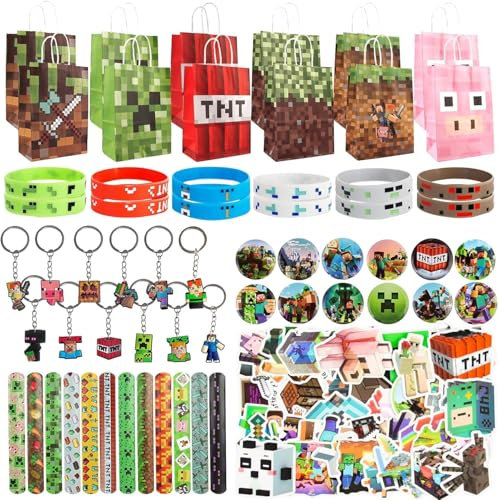 EKKONG 110 PCS Party Bag Fillers, Birthday Supplies, Gamer Party Favours with Stickers Bracelet Party Bags Keychain Button Pins, Game Party Decorations for Kids