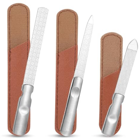 Oruola Lot de 3 limes à ongles en acier inoxydable avec poignée antidérapante, double face avec sac de protection pour homme, femme, salon, voyage, argent