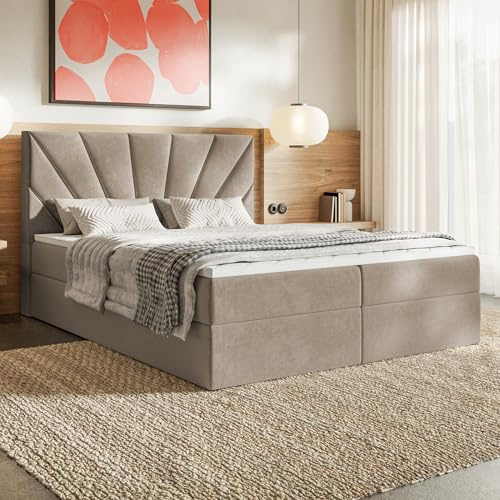 MOTIVENA Aspen Boxspringbett 140x200 mit Bettkasten und Topper, Polsterbett 140x200 mit Bettkasten, Bonellfederkern-Matratze (H4), T28 Komfortschaumstoff Topper (H3), Samt, Beige