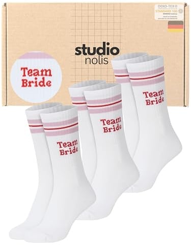 Studio Nolis Tennissocken JGA 3erSet Team Bride Braut Oekotex100 Baumwolle | Crew Socks Brautjungfern Hochzeit Baumwollsocken Geschenkidee