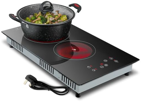 KICHPOWER Ceramic Hob 2 Zones, Electric Plug in Hob 30cm 2 Burners, 2800W, 9 Power Levels, 1-99 min Timer, Residual Heat Indicator, Child Safety Lock, compatible with All Pans & Pots