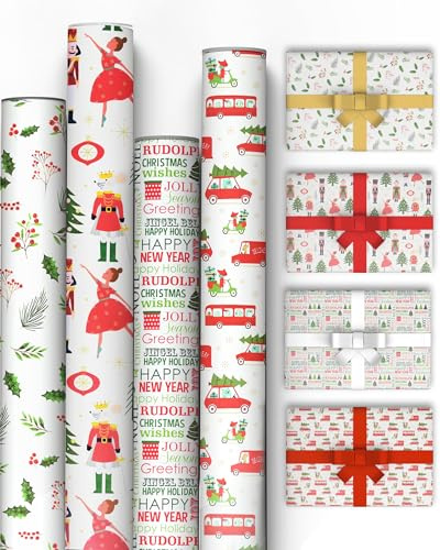 Kraft & Co Christmas Wrapping Paper - 4 Pack, Festive Design, 69cm x 8m | Thick Kraft Paper Sheets, Eco-Friendly, for Christmas Gift Wrap & Arts And Crafts, 32M Total