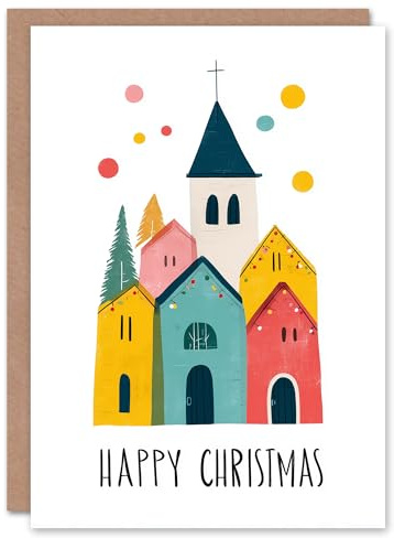 Artery8 Personalised Christmas Card Simple Colourful Church Minimalist Townscape