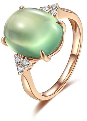 Beydodo Prehnit Ring Rotgold 750 18K Echtgold, Eheringe Damen mit Oval Prehnit 6.6ct und Diamant 0.14ct Ewigkeitsring Trauringe Verlobungsringe Gr.56 (17.8)