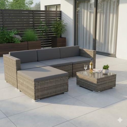Mucola Rattan Gartenmöbel Set Grau aus Polyrattan – Ecksofa, Couch, Tisch, Hocker & Stuhl – Wetterfest & Robust – Lounge Set für Garten, Balkon & Terrasse – Outdoor Sitzgruppe mit Kissen