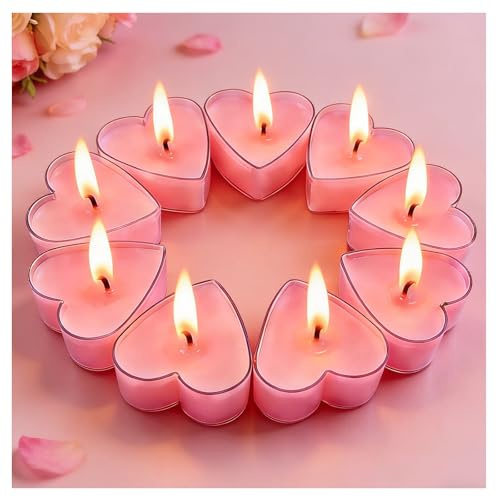 Chanhyls 9 Stück Herzförmige Teelichter - Rauchfreie Herz Kerzen, Tropfgeschützt & Lange Brenndauer, Ideal für Hochzeit, Valentinstag, Neujahr & Geburtstag Dekoration（Rosa）