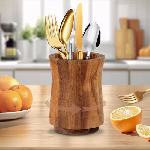 Bpyhebe Acacia Wood Utensil Holder, Wood Kitchen Utensil Organizer Stand Countertop, Rotating Utensils Crock, Farmhouse Kitchen Decor(10.5×11×14.8cm)