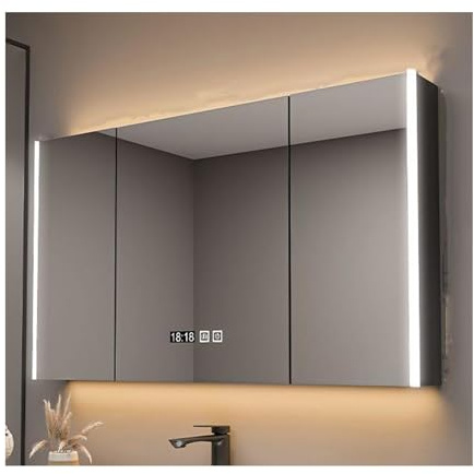 HUFIREHU Armoire Miroir De Salle De Bain avec LED,Miroir Salle De Bain avec Rangement,Anti-BuéE, Affichage De l'horloge Et De La TempéRature, avec LumièRe LED(Gray B,120cm/47.2in)