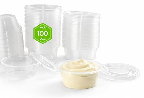 Atakito Salseros Plástico PET Transparente con Tapa – Mini Tapers de plástico 30ml 60ml 100ml – Envases Salsa Individuales Pack 100 300 1000 – Take Away Hostelería (100, Transparente, 100 cc)