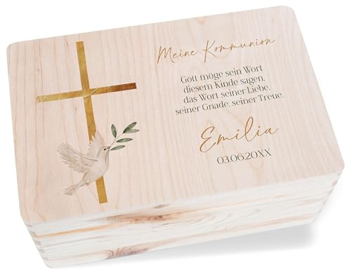 Holzkiste Erinnerungsbox - Kommunion - Kreuz mit Taube Name Spruch Datum - personalisierte Kommunionsgeschenke Deko - 30x20x14 cm - Holz - box geschenke zur erstkommunion für jungen