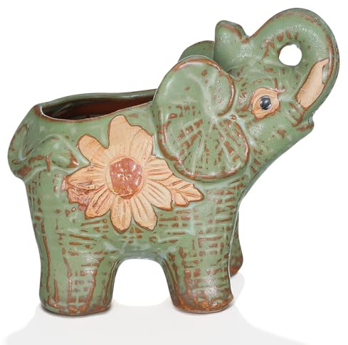 KICHOUSE Breathable Elephant Shaped Ceramic Succulent Pot with Saucer Decorative Plant Pot for Office Home Garden