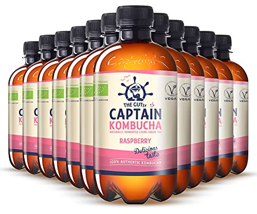 Captain Kombucha – Thé Kombucha – Bio – Boisson probiótica Naturalmente fermentada, cuisine Écru vif, sans numéro ni Conservantes, sans pasteurizar - Raspberry (Framboise) - 12x400ml