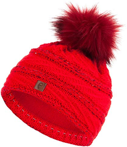 Faera Wintermütze Mütze Damen warm gefüttert mit Pailletten Kunstfell Bommel-Mütze Fleecefutter Winter Herbst Strickmütze Beanie Mädchen 62, Farbe:Rot