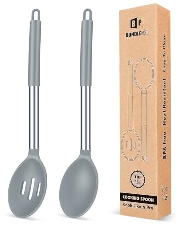 2 große Silikon-Kochlöffel, antihaftbeschichtet, solide, hitzebeständige Küchenutensilien zum Mischen, Servieren, Abtropfen und Rühren (Grau)