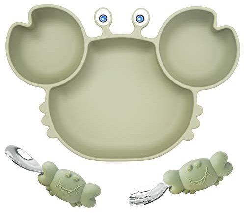 Linowos Silicone Suction Plate for Toddlers with Fork Spoon Set - Self Feeding Training Divided Plate Dish and Bowl for Baby and Toddler, Fits for Most Highchairs Trays