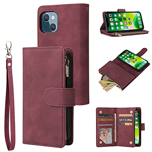 UEEBAI Wallet Case for iPhone 13 6.1, Premium Vintage PU Leather Magnetic Handbag Zipper Pocket Case Kickstand Card Slots with Wrist Strap TPU Shockproof Flip Cover - Wine Red
