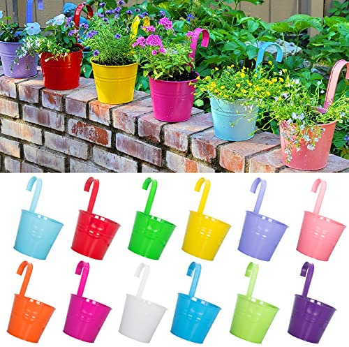 ARTKETTY 16cm Hanging Plant Pots with Drainage Hole Set of 12, Large Metal Hanging Planters with Detachable Hook Garden Flower Vase Bucket Indoor/Outdoor for Balcony Railing Fence Home Decor
