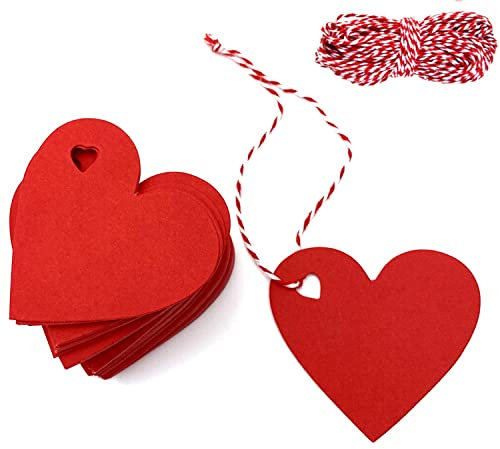 100 Stück Herz-Geschenkanhänger, Geschenkanhänger mit 10m Schnur, Kraftpapier Anhänger Etiketten, Geeignet für Valentinstag/Weihnachten/Hochzeit/Thanksgiving/Geburtstag/Feiertagsfeier (Rot)