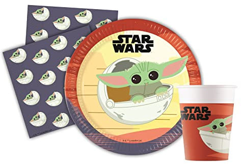 Ciao- Kit Table Fête Party Star Wars Grogu Baby Yoda 24 Personnes (88 pcs: Assiettes, gobelets, Serviettes) en Papier FSC Vaisselle, Uni, AZ012, Multicolor