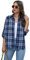 Famrrifuu Chemise Femme a Carreaux Classique Chemisier en Flanelle Chic et élégant Blouse Shirt Coton Décontractée,Bleu,XL