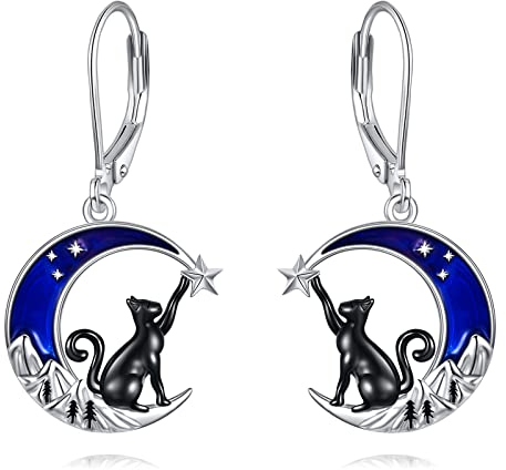 VONALA Keltisch Hängend Ohrringe Sterling Silber, Mond Ohrringe Schmuck Geschenke für Damen und Mädchen (Blau Mond und Katze)