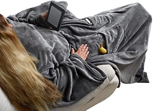 ESTEXO XXL TV-Decke Ärmeldecke Kuscheldecke Wohndecke mit Ärmeln und Fußtasche Handytasche Anthrazit