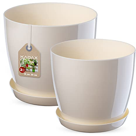 KADAX Lot de 2 Pots à Fleurs/Plantes Avec Soucoupe, Bac Rond en Plastique pour l'Intérieur, Pot à Herbes Aromatiques (18 + 20 cm, Écru)
