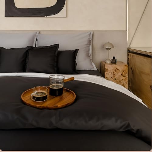Amqua Mako Satin Bettwäsche Set 200x220cm + 80x80cm (2X Kissenbezüge), 100% ägyptische Baumwolle (Zertifiziert), schwarz/anthrazit