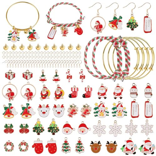 EBANKU 126P Christmas Charms in Gold Enamel Jewelry Making Kit with 14 Ear Hooks, 4 Bracelets, Bells, Jump Rings, Red String for Christmas Necklaces