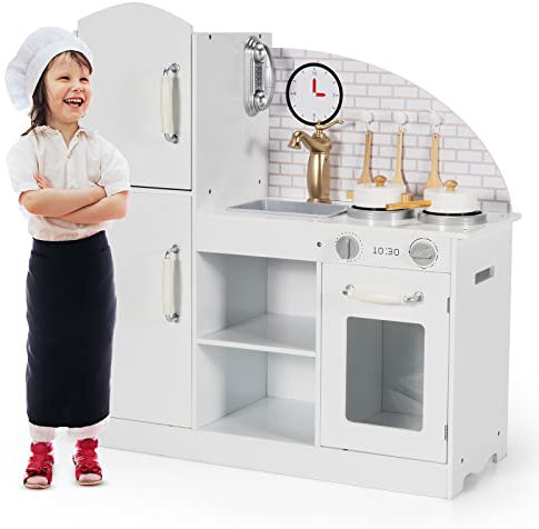 GYMAX Kids Play Kitchen, Wooden Toy Kitchen with Stoves, Oven, Faucet, Telephone, Clock, Sounds & Cookware Utensils, Children Kitchen Playset for 3-7 Years Old Boys Girls