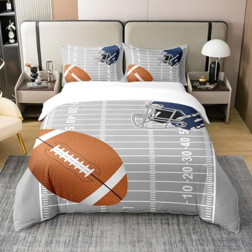 Cotton American Sport Football Duvet Cover Queen,Watercolor Rugby Helmet Sports Theme Super Soft Bedding Set,Abstract Soccer Court Ball Game Comforter Cover Bedding 3 Piece (No Comforter)