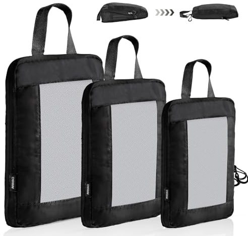 Carttiya Koffer Organizer Kompression Set, Packwürfel Set Kompression Ihres Reisegepäcks, Compression Packing Cube, Komprimierbaren Packwürfeln zur Organisation Packtaschen Set (Schwarz, 3 Stück)