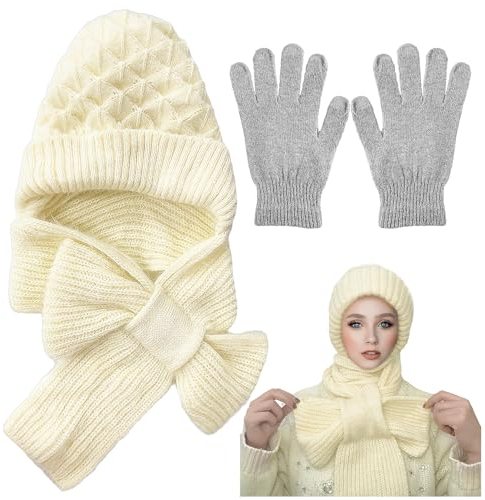 SLEEKEE 1 Stück Gehörschutz-Strickmütze, 1 Paar Handschuhe, Mütze und Schal All-in-One-Mütze, winddichte Mütze, Damenschal 2 in 1