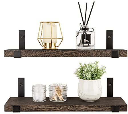 Mkouo Floating Shelves Rustic Wall Mounted 60cm Shelf Wooden Shelves with Brackets for Living Room Bedroom Bathroom Kitchen Home Office, Set of 2