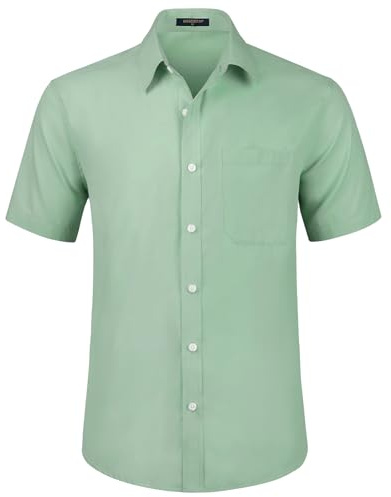 HISDERN Mens Short Sleeve Dress Shirt Regular Fit Casual Formal Bean Green Shirts for Men Button Down Business Stretch Shirt Non Iron,S