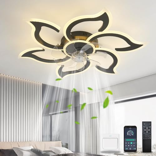 YOLEDY Deckenlampe mit Ventilator Leise mit Fernbedienung, 88cm Schlafzimmerlampe mit Ventilator, Blume Form Design, Led Deckenventilator mit Beleuchtung Dimmbar DC Motor Winterbetrieb, Schwarz