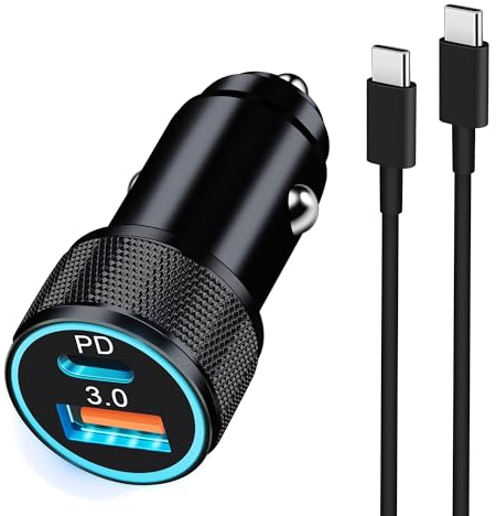 Zigarettenanzünder USB C Autoladegerät für iPhone 16 15 Pro Max 16e, Samsung Galaxy S24 S23 S22, Google Pixel 9 8, 38W Car Adapter mit 1M Kabel Typ-C Ladekabel, 2Port PD/QC Kfz 12V/24V Auto Ladegerät