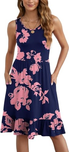 Yommay Damen Kleider Casual Sommerkleid Elegante Hochzeitsgas/Festlich Frauen Drucken Maxikleid Strandkleid mit Taschen,JY Marineblau Rosa,L