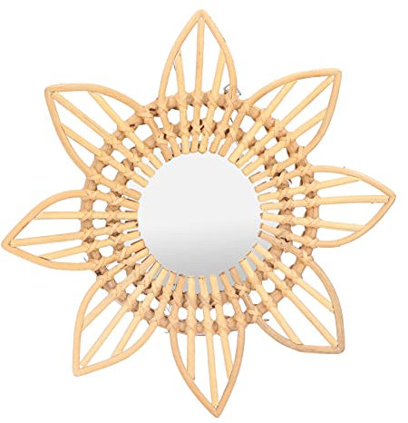 POTRUWE Rattan Wandspiegel Boho Wandspiegel, Sonne Wandspiegel Kunst Dekoration Make-up Spiegel Blume Weide Rattan Dekorativer Wandbehang Spiegel für Eingangsbereich, Wohnzimmer (V)