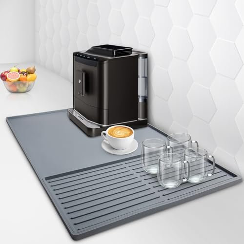 Puliyunxiang Silikon-Kaffeematte, 61 x 40,6 cm, mit abnehmbarer Abtropfmatte, Kaffee-Bar-Zubehör, Grau