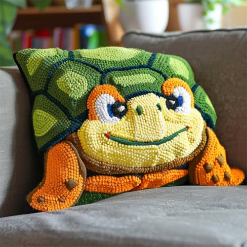RKFLGEW DIY knüpfen set anfänger Süße Schildkröte knüpfkissen mit vordruck Cartoon-Tiere Knüpfset für Kissen,DIY,handgefertigtes Kissen,Häkelgarn,Stickerei,Knüpfset für Kissenbezüge 43x43cm