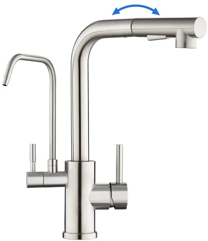 ROVOGO 3 Wege Wasserhahn Küche mit Filter, Hochdruck Küchenarmatur mit 2 Strahlarten Brause Ausziehbar, Doppelhebel Mischbatterie Küche für Heiß-, Kalt- und Trinkwasser, Gebürstet Edelstahl, L-Auslauf