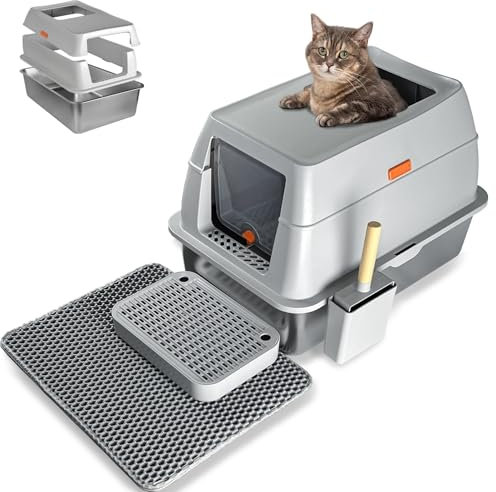 Katzenklo Edelstahl mit Deckel Katzentoilette XXL Geschlossen mit Katzentoilette Schaufel Katzenklo Einstieg Oben mit Katzenschaufel und Katzenklo Matte (Grey 1)