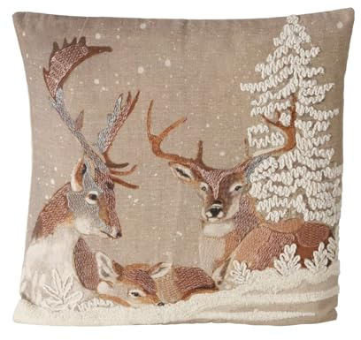 MF Besticktes Dekokissen mit Hirsch- und Baumdesign, 45 x 45 cm, beige/braun/weiß