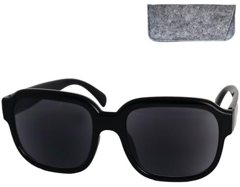 Stilvolle Sonnenbrille mit Sehstärke, Kunststoff Dicker Rahmen (Schwarz) XL großen Gläsern, Gratis Etui, Vintage Lesesonnenbrille Damen auch Herren +1.5 Dioptrien