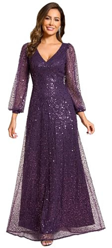 Ever-Pretty Abiti da Sera Donna Elegante Manica Lunga Slim Vita Alta Brillantini Tulle Vestito da Cerimonia Maxi Lungo Abita da Cocktail Viola Scuro 48