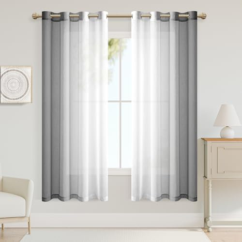 XWZO Gardinen mit Ösen Vorhänge Transparent Farbverlauf Voile Gardinen, Ombre Vorhang für Schlafzimmer und Wohnzimmer 160cm x 140cm(H x B) Grau