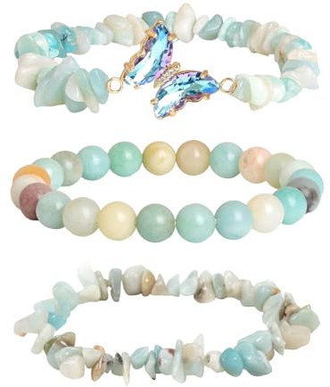 TYFGRT Bracelet en Cristal 3Pcs, Bracelet Pendentif Papillon, Bracelet De Perles Rondes, Bracelet en Cristal Irrégulier, Bracelet À Cordon Élastique, Bracelet pour Femmes