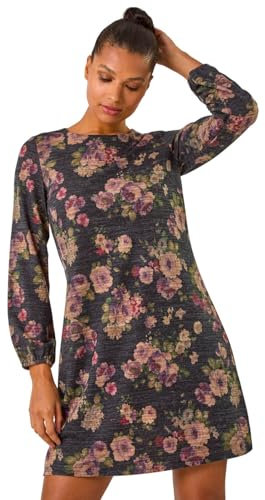 Roman Originals Tunic Dress with Pockets for Women UK Ladies Swing Fit & Flare Skater Slouch Stretchy Casual Smart Winter Jersey Pull On Work Office 3/4 Long Sleeves - Purple Noir - Size 20